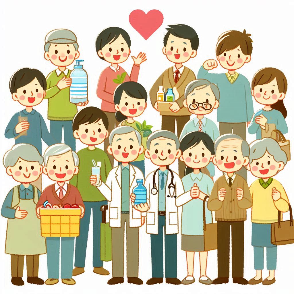 日本の地域介護を支えるメンバーがそろっているイラスト